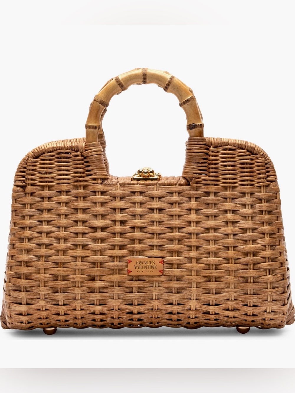 Frances Valentine Tan Woven Rattan Satchel with Bamboo Handles
